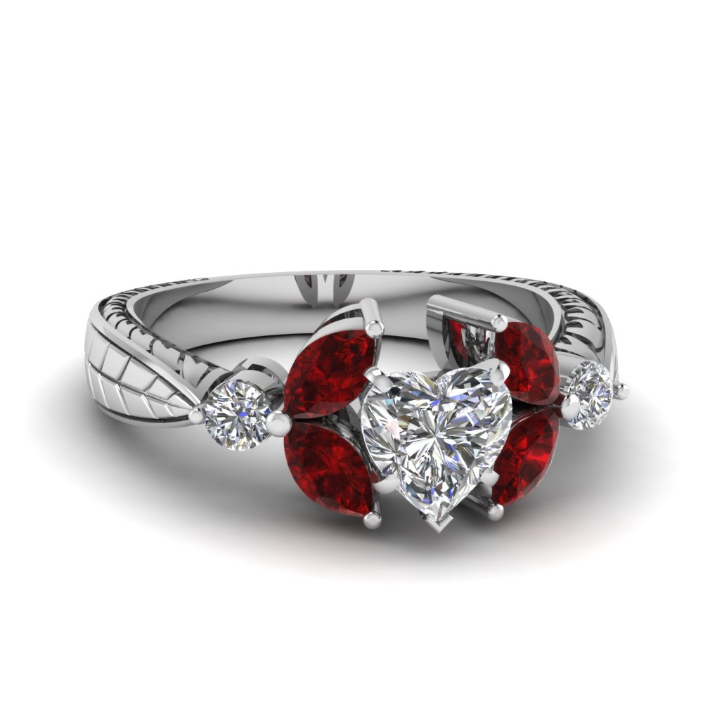 Heart Shaped Antique Petal Diamond Engagement Ring With Ruby In 14K