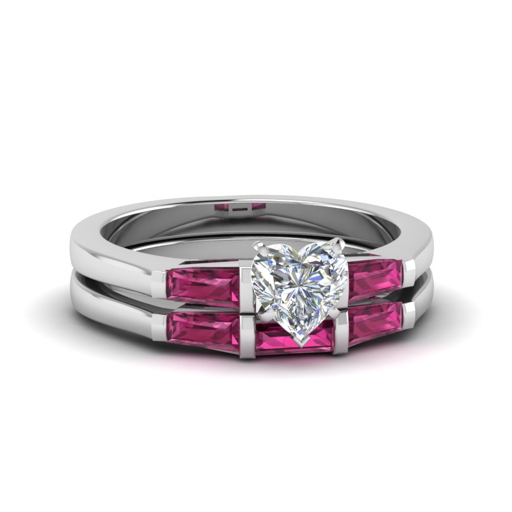 Pink Sapphire Baguette With Heart Shaped 3 Stone Wedding Set In 14K