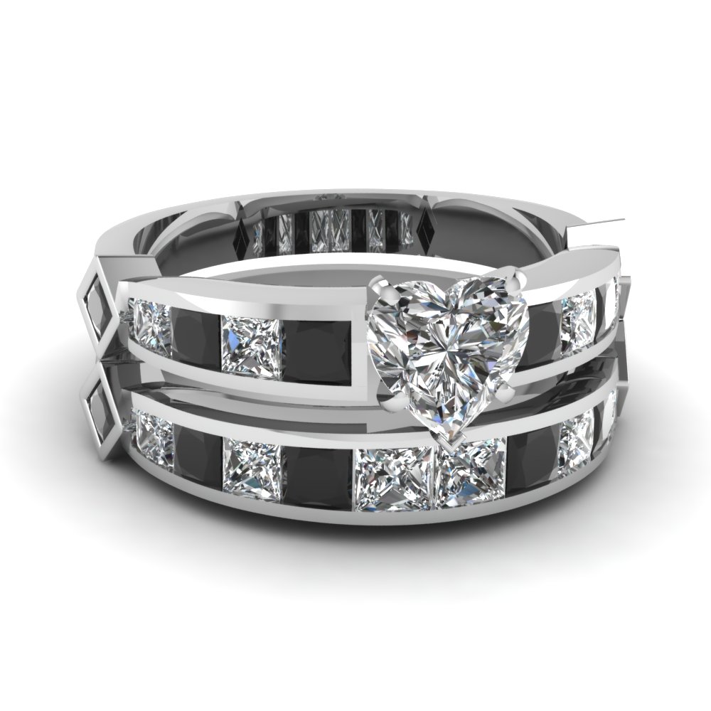heart shaped channel set princess accent wedding ring sets with black diamond in 14k white gold - Black Wedding Ring Set heart shaped channel set princess accent wedding ring sets with black diamond in 14k white gold - Black Wedding Ring Set