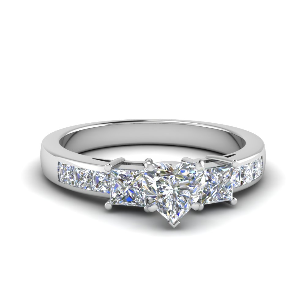 heart shaped channel three stone diamond engagement ring in 14K white gold FDENS205HTR NL WG