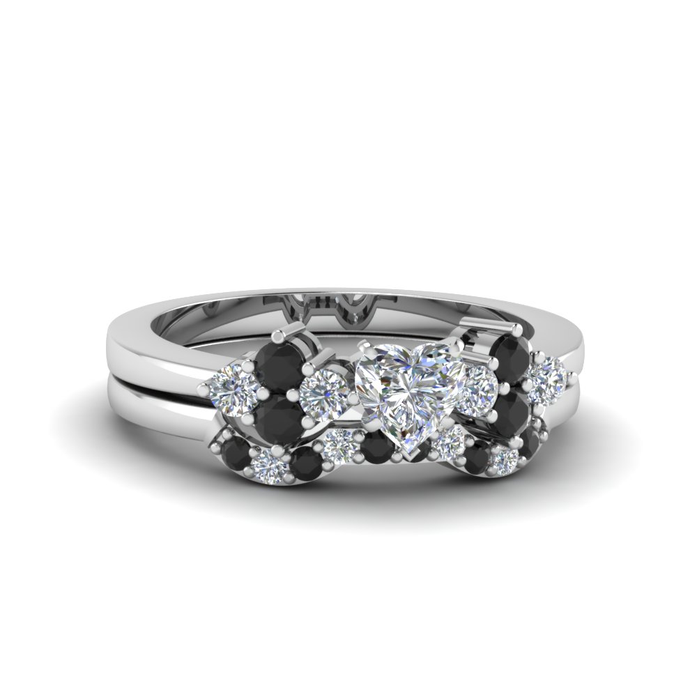 cluster diamond bridal set for women heart shaped diamond wedding ring sets with black diamond in 18k white gold - Womens Black Wedding Ring Sets cluster diamond bridal set for women heart shaped diamond wedding ring sets with black diamond in 18k white gold - Womens Black Wedding Ring Sets