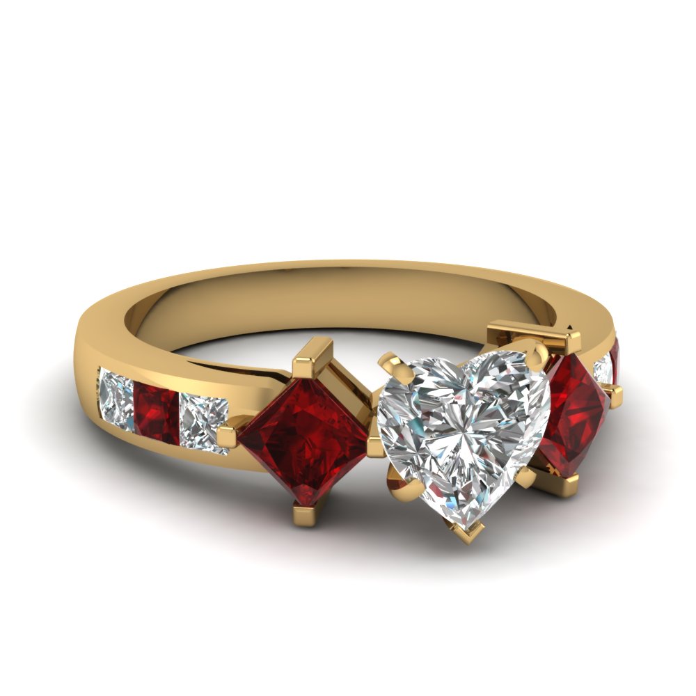 Square Accent Heart Diamond Engagement Ring With Ruby In 14K Yellow ...