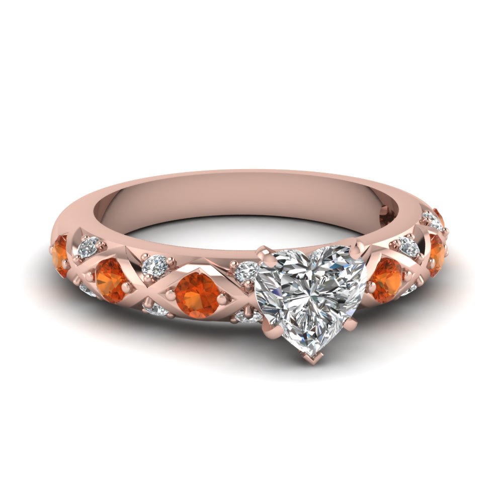Heart Shaped Diamond Cross Band Side Stone Engagement Ring With Orange ...