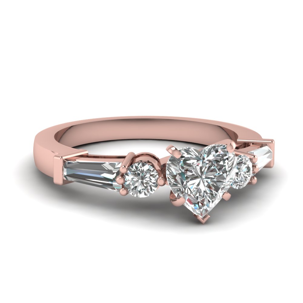 Heart Shaped  Basket 5 Stone Engagement  Ring  With Baguette 