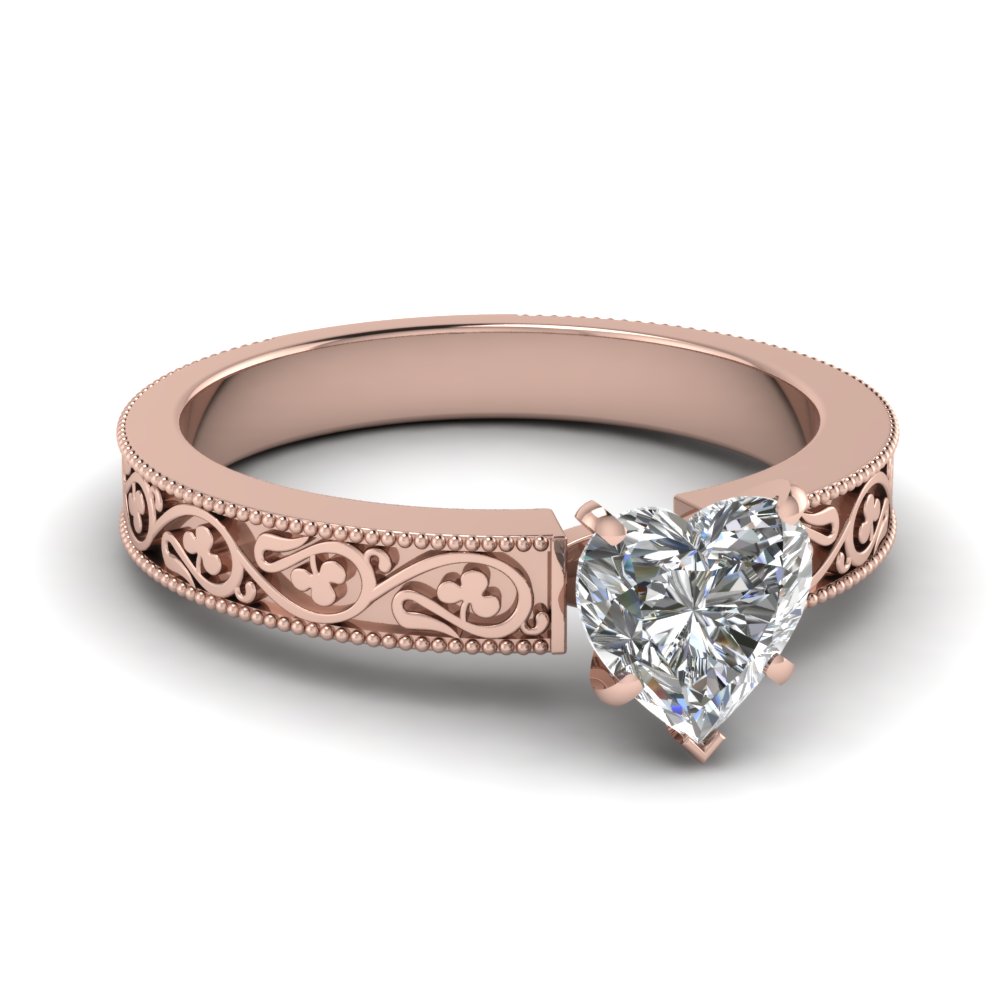 Heart Shaped Antique Engraved Diamond Ring In 14K Rose ...