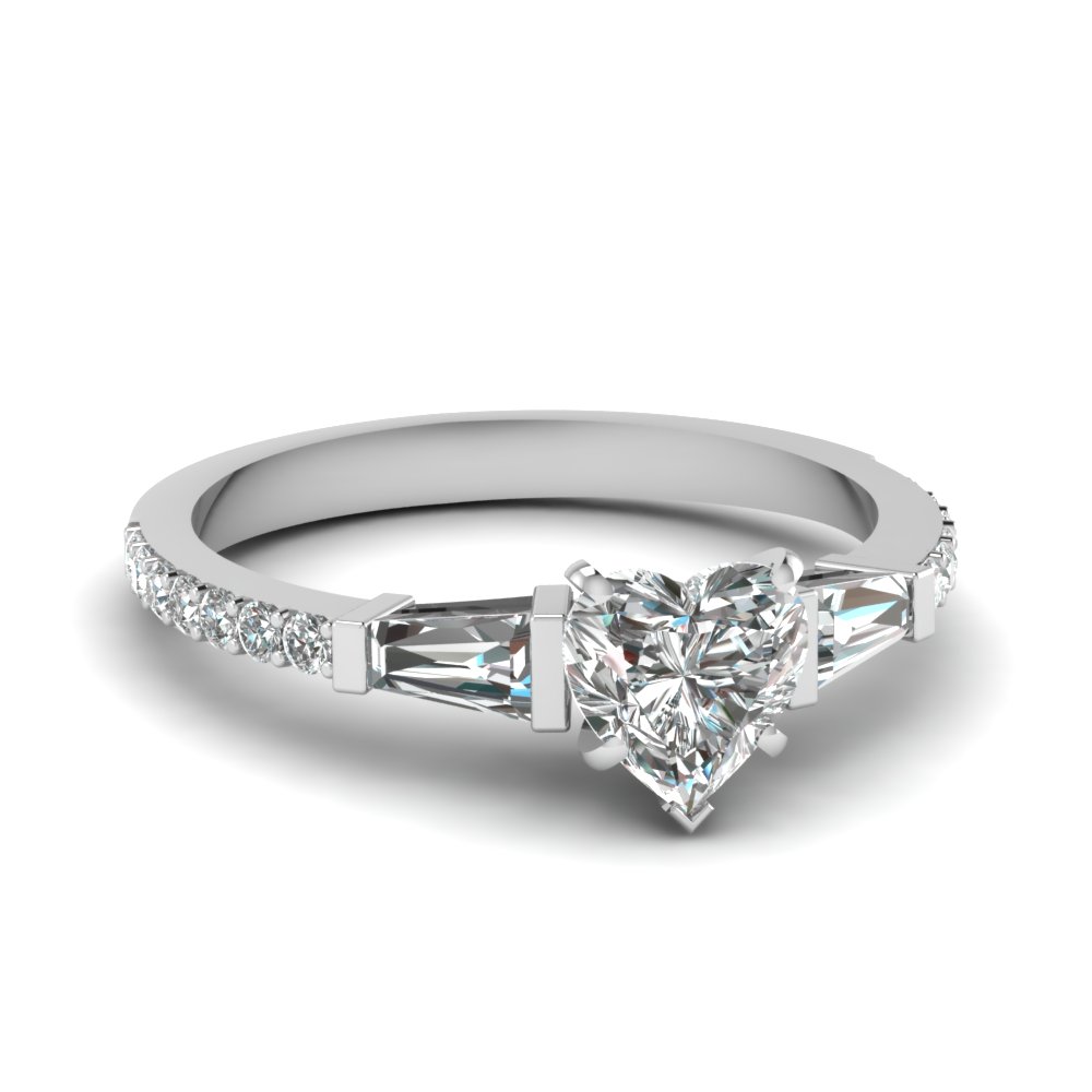 3 Stone Baguette Heart Diamond Ring In 14K White Gold | Fascinating