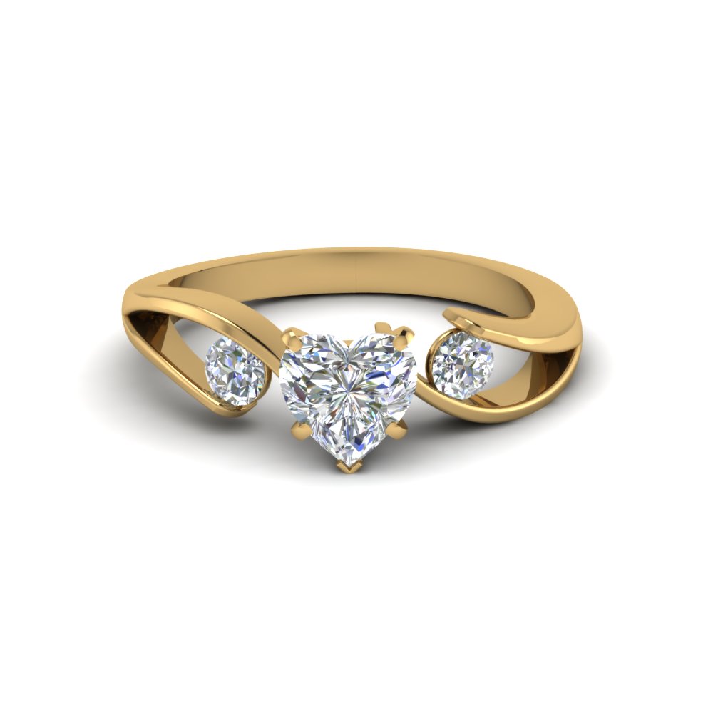 Tension Set Heart Shaped 3 Stone Engagement Ring In 14K Yellow Gold ...