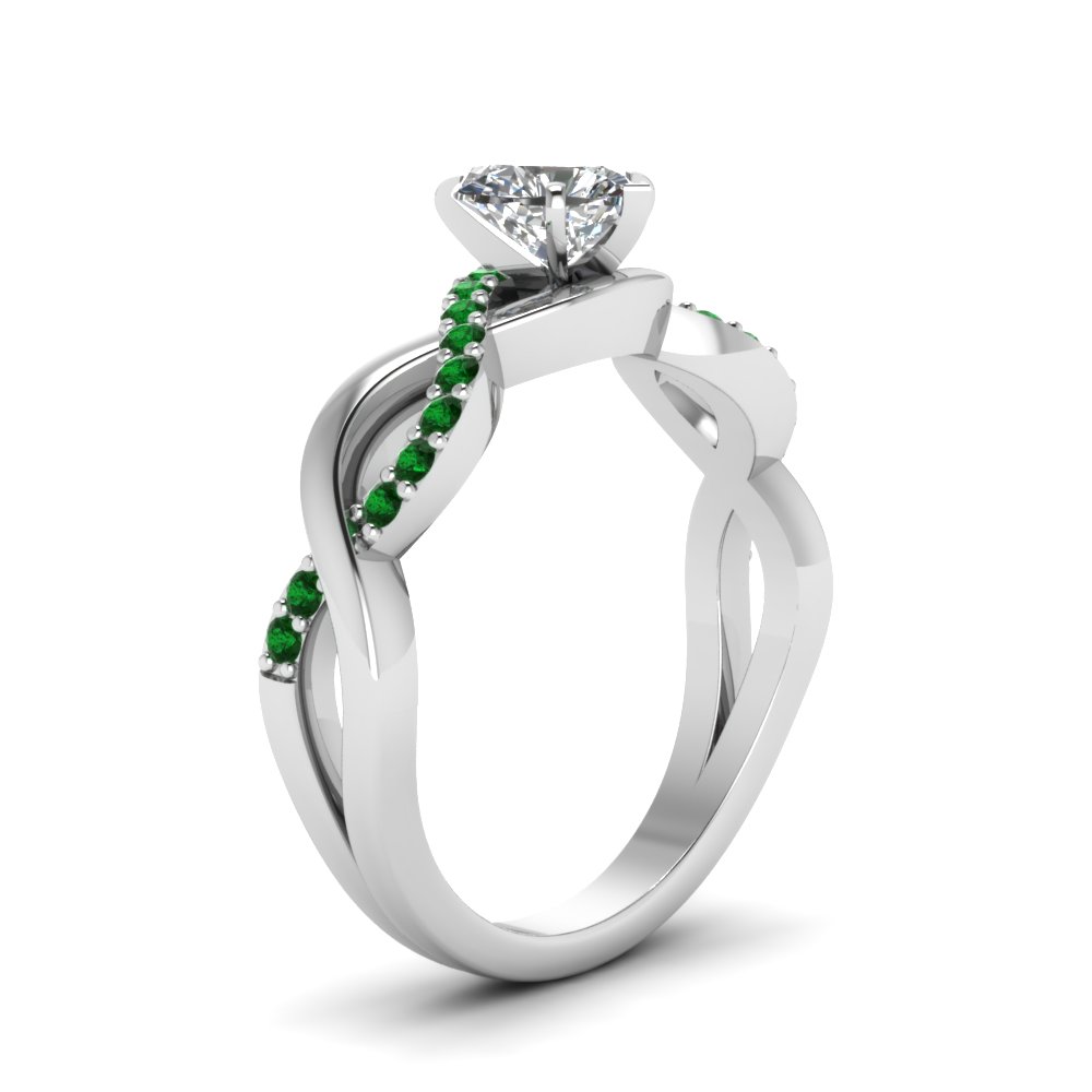  Heart Shaped Infinity Wedding Ring with Green Emerald 14K White Gold