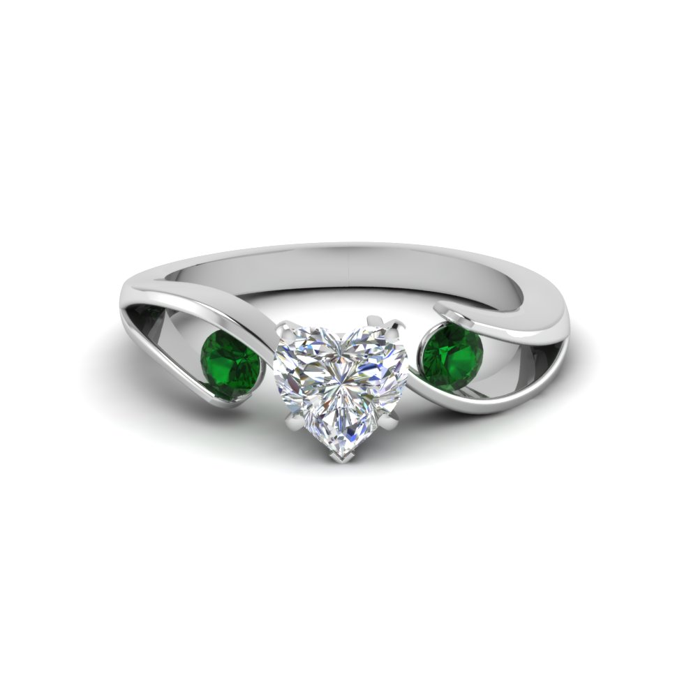 Tension Set Heart Shaped 3 Stone Engagement Ring With Emerald In 14K White  Gold