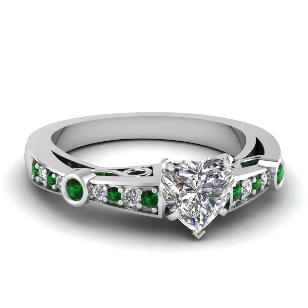 Heart Shaped Diamond Tapered Vintage Engagement Ring With Emerald In ...