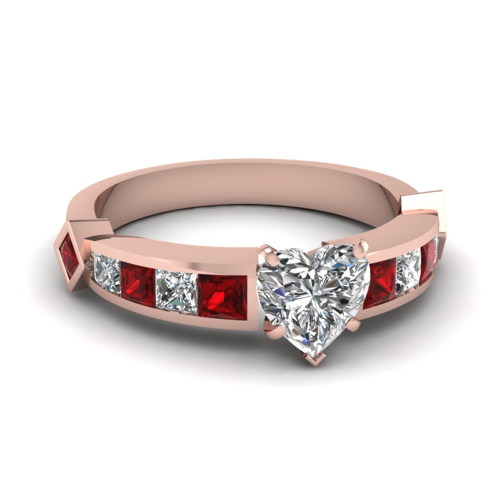 Heart Shaped Diamond Engagement Ring With Red Ruby In 14K Rose Gold