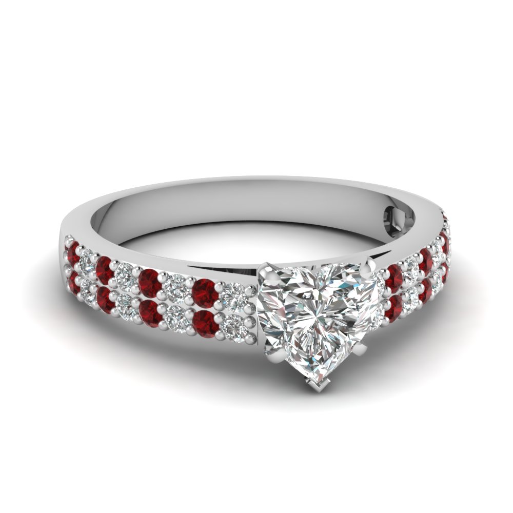 2 Row Heart Shaped Diamond Engagement Ring With Ruby In 14K White Gold ...