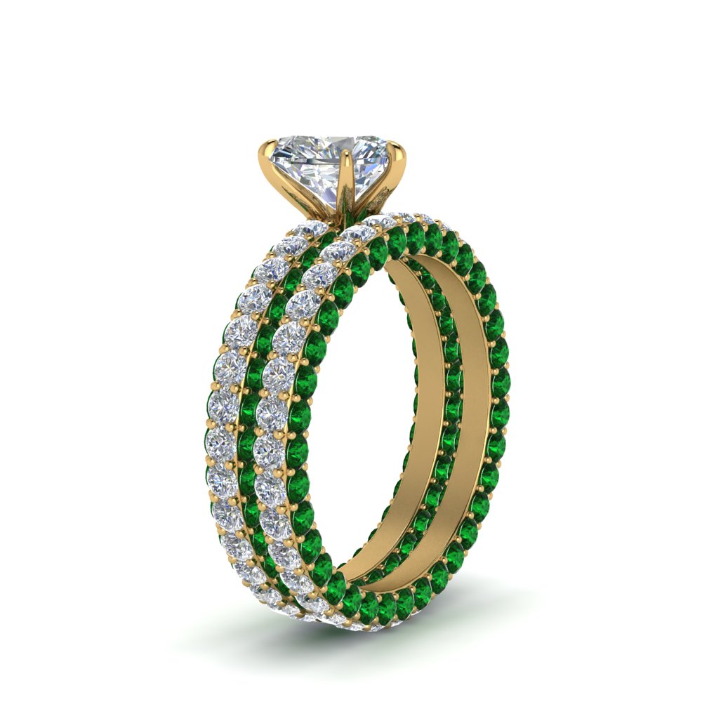 Heart Shaped Eternity Band Engagement Ring with Green Emerald in 14K Yellow Gold