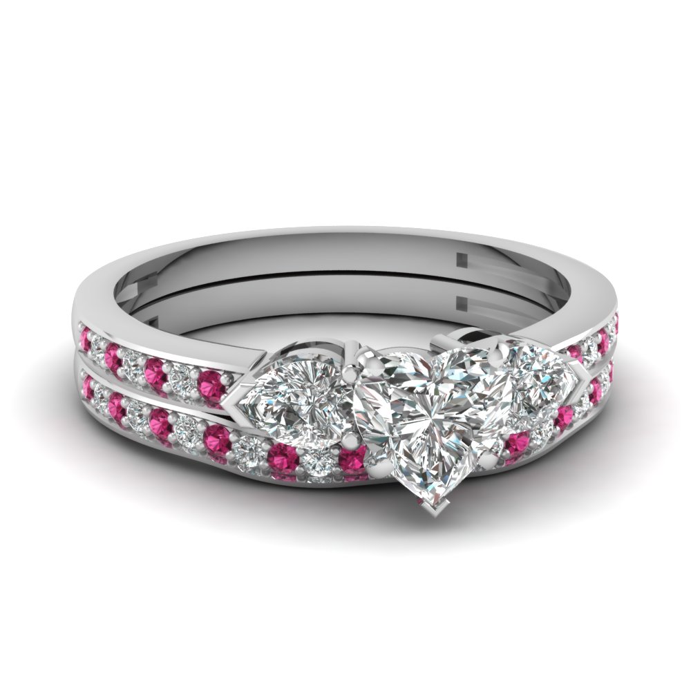 pave 3 stone heart shaped diamond bridal set with pink sapphire in FDENS3111HTGSADRPI NL WG