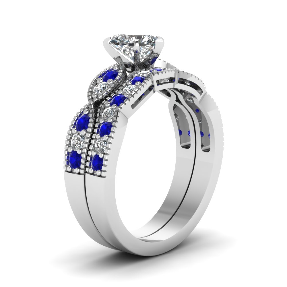 Heart Shaped Diamond Milgrain Weave Wedding Set With Blue Sapphire In ...