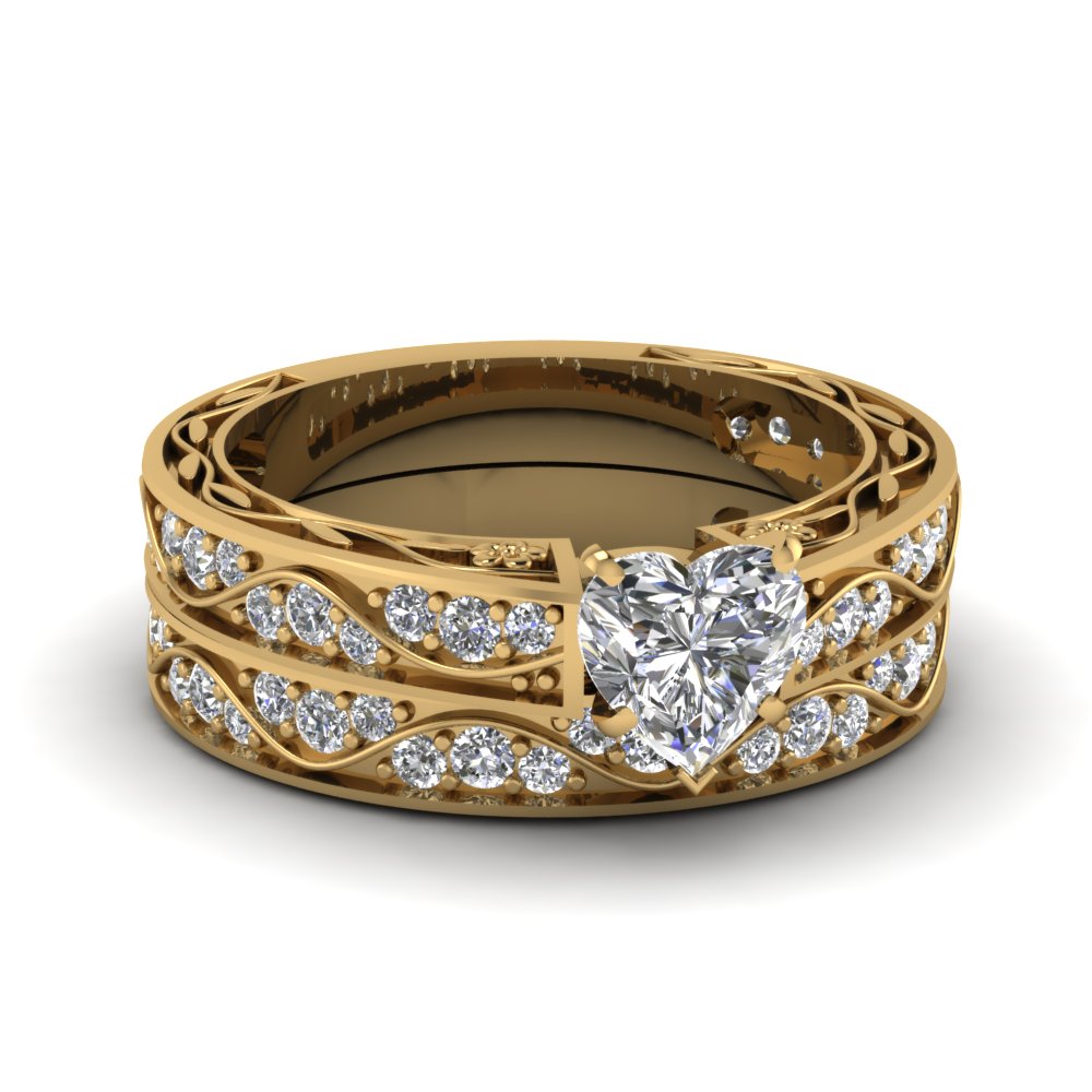 Heart Shaped Antique Diamond Filigree Wedding Set In 14k Yellow Gold Heart Shaped Antique Diamond Filigree Wedding Set In Fdens3543ht Nl Yg