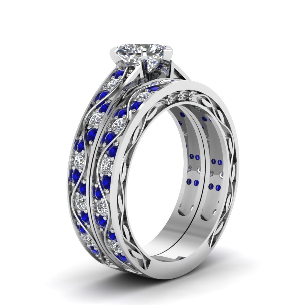 Heart Shaped Antique Diamond Filigree Wedding Set With Sapphire In 14K ...