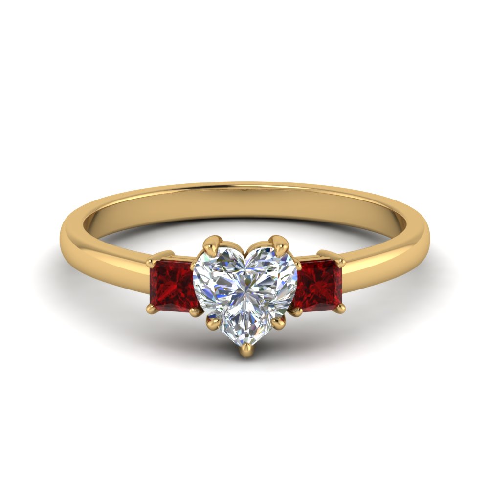 3 Stone Heart Shaped Engagement Ring With Ruby In 14K Yellow Gold