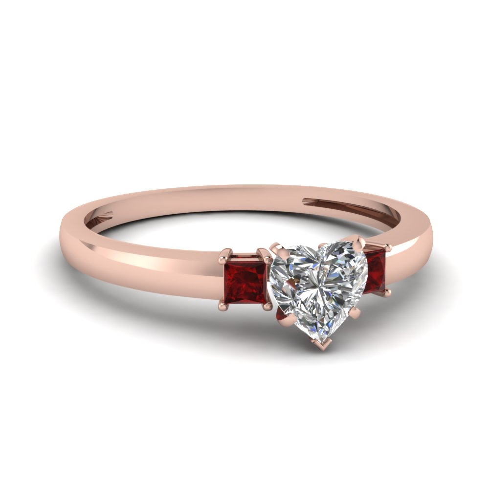 3 Stone Heart Shaped Engagement Ring With Ruby In 18K Rose Gold