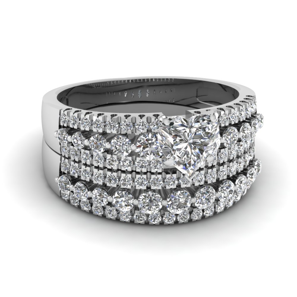 triple row heart shaped diamond wedding ring sets  in 14K white gold FDENS3014HT NL WG
