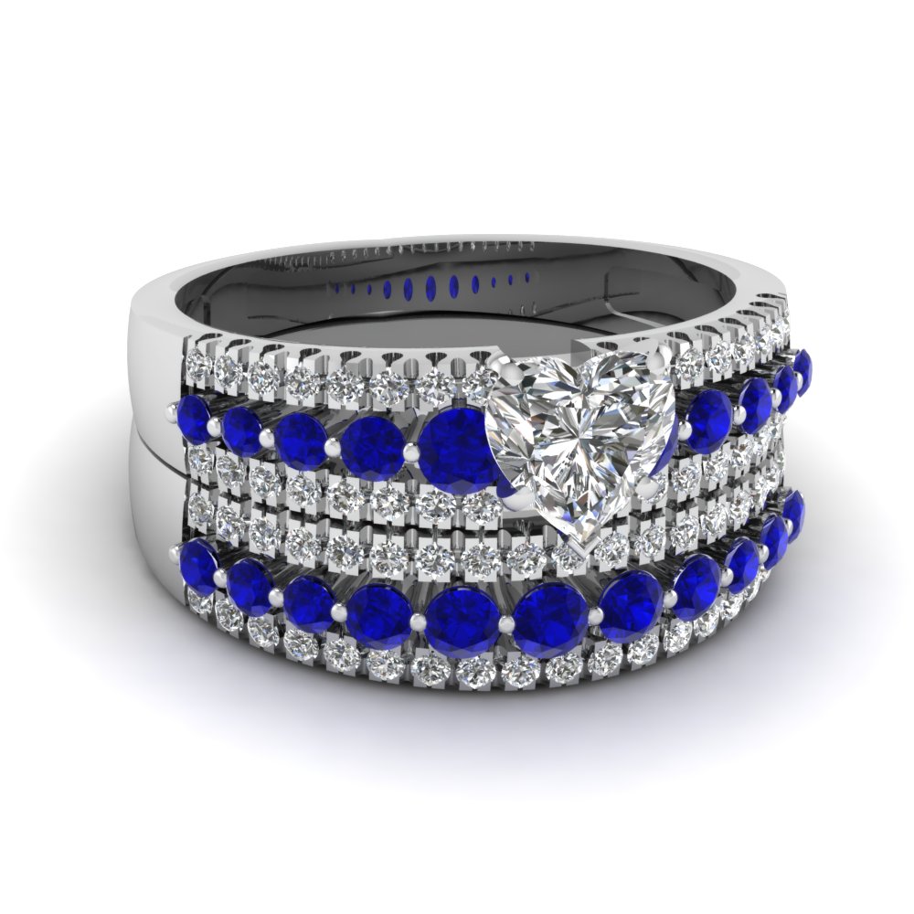 Triple Row Heart Shaped diamond Wedding Ring Sets With Blue Sapphire In