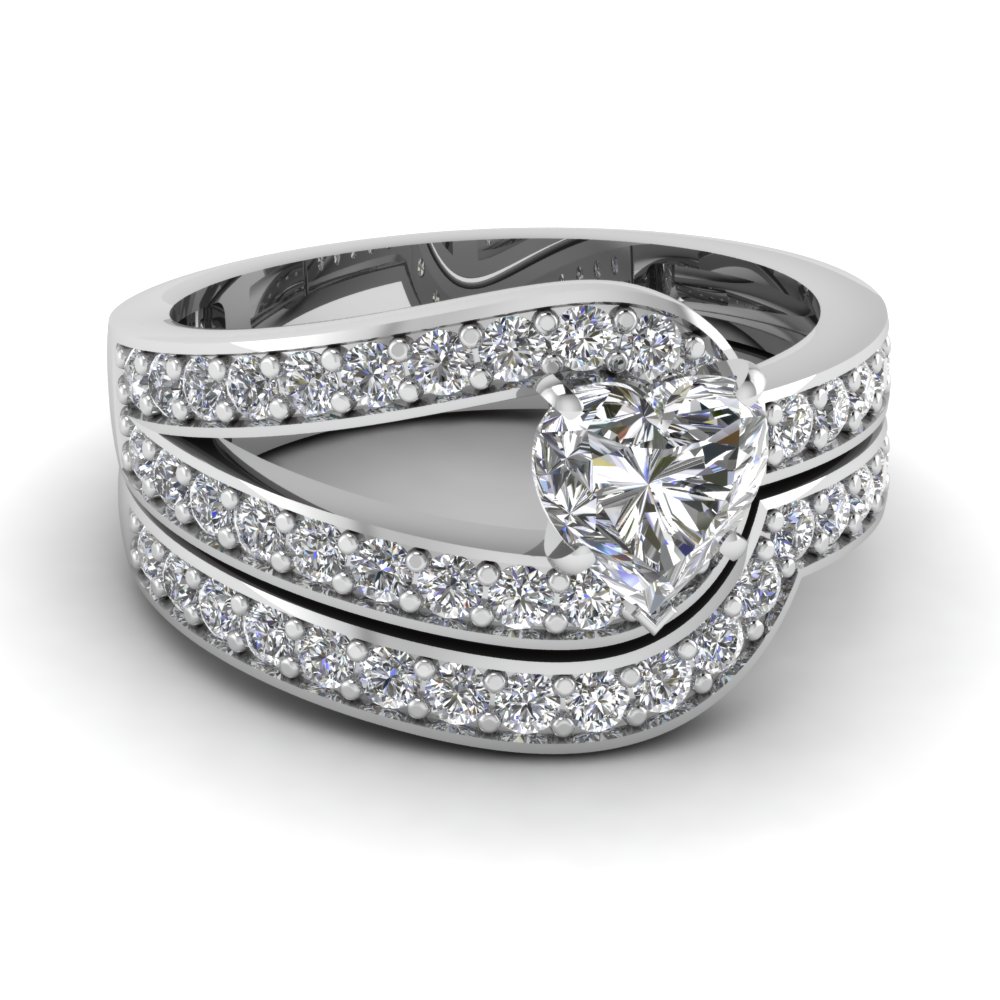 Heart Shaped Loop Pave Diamond Wedding Ring Set In 14K