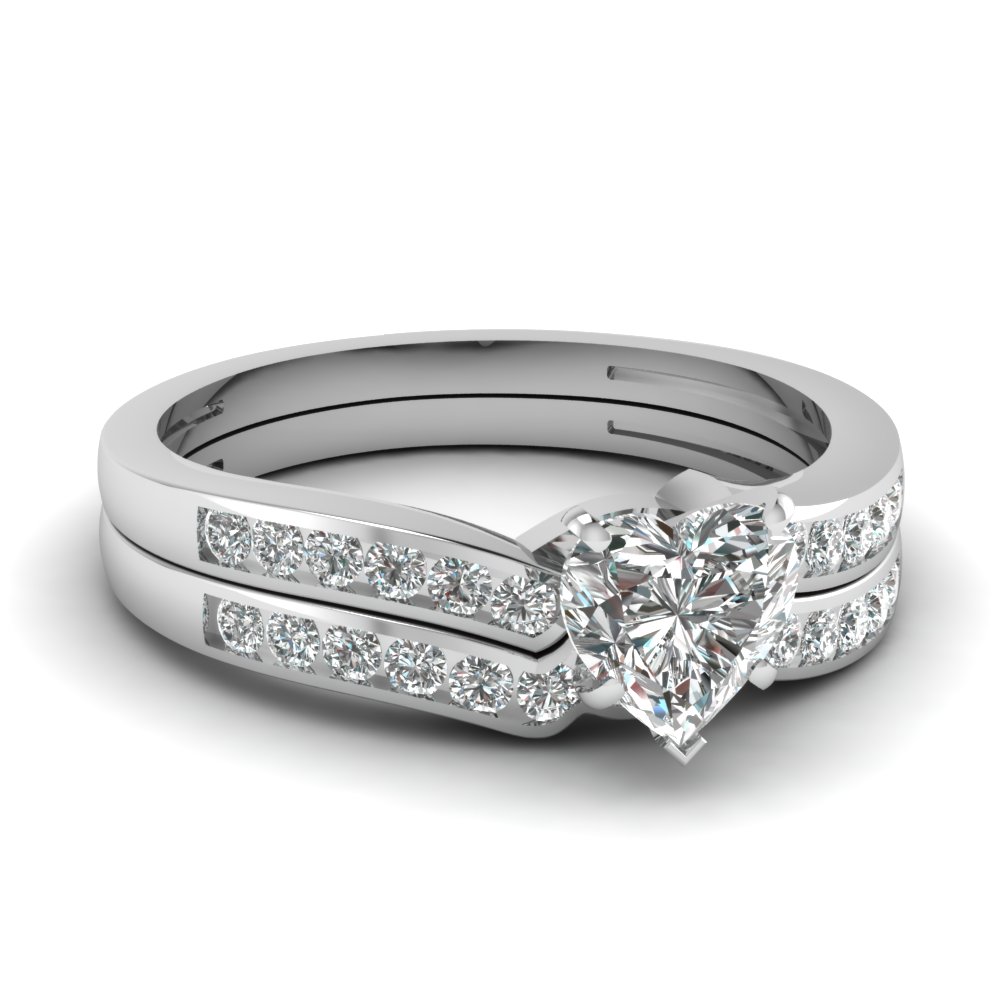 Heart Shaped  Diamond Channel Bridal  Set In 14K White  Gold  