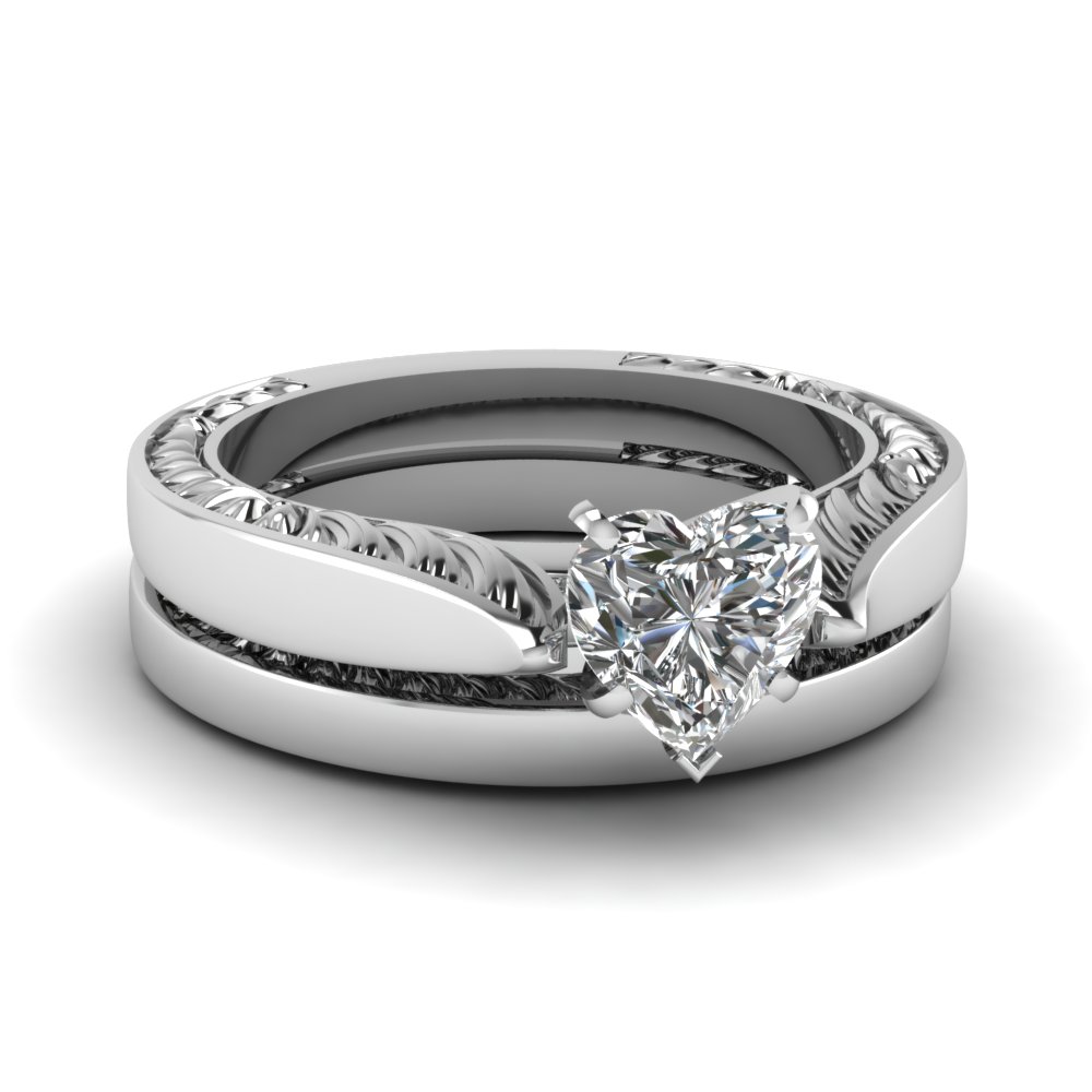 Tapered Engraved Heart Shaped Solitaire Wedding Ring Set