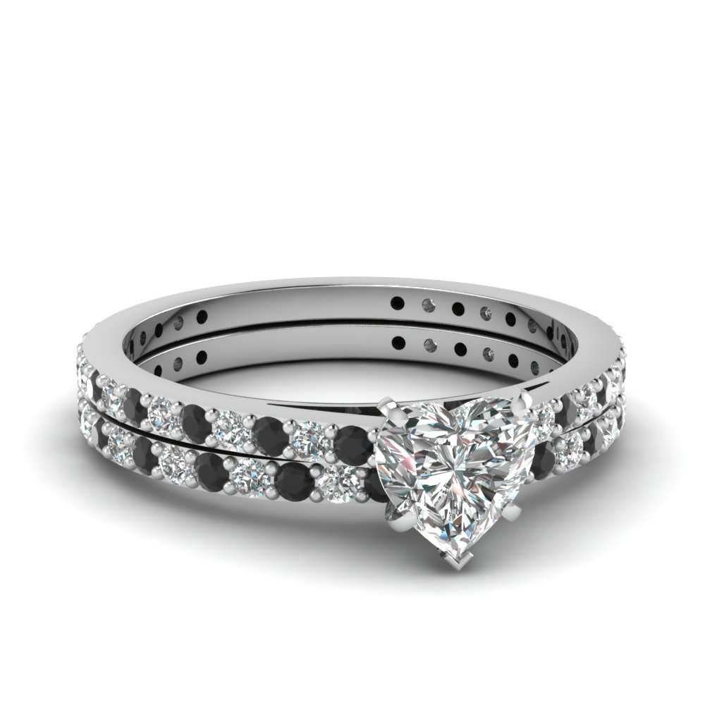 Clic Delicate Heart Shaped Wedding Ring Set With Black Diamond In Clic Delicate Heart Shaped Wedding Ring Set With Black Diamond In Fdens1425htgblack Nl Wg