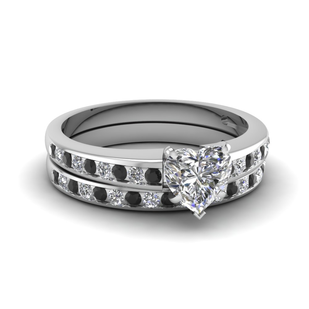 18k White Gold Black Diamond Wedding Sets Engagement Rings Heart Channel With Black Diamond Wedding Set In Fdens3018htgblack Nl Wg