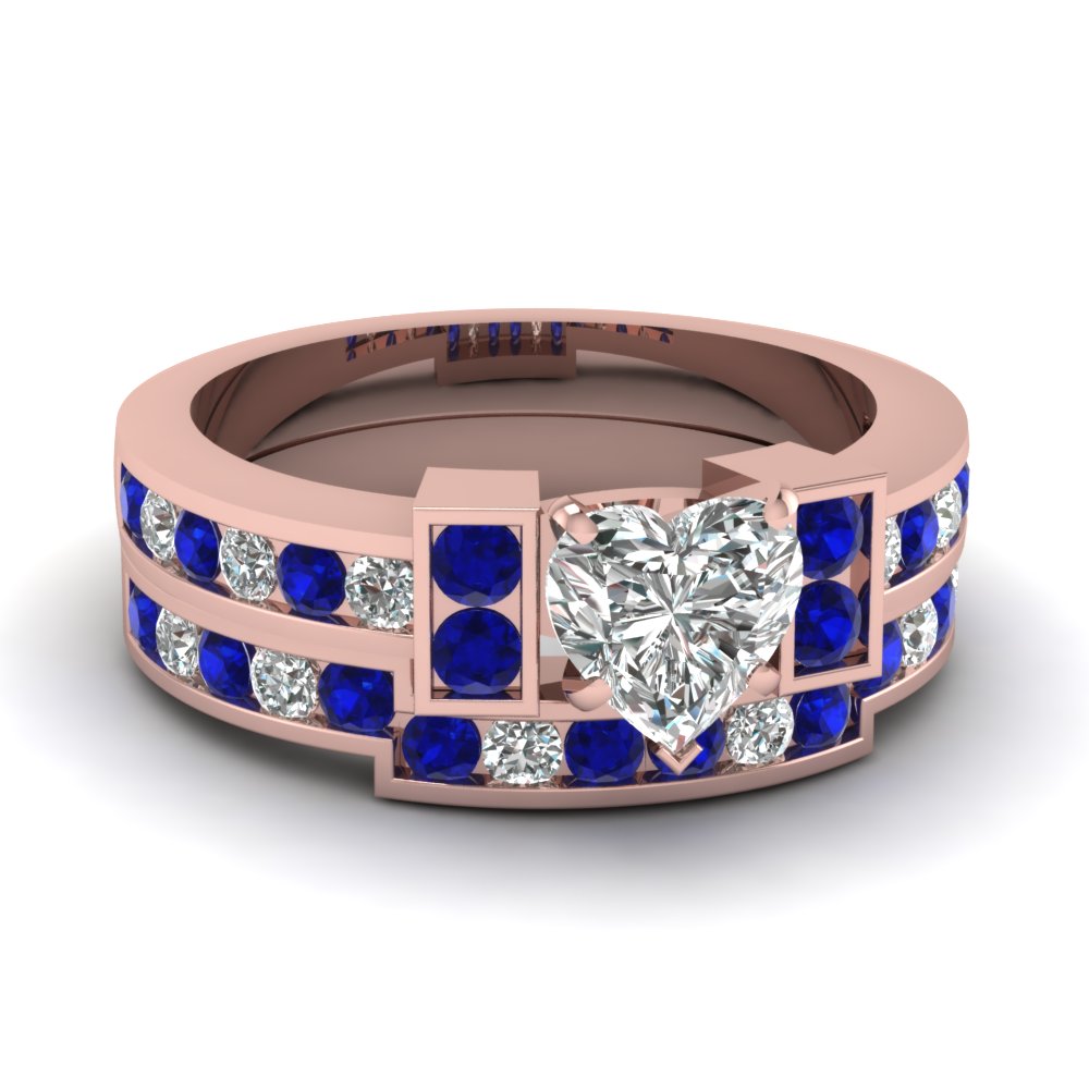Heart Shaped Diamond Wedding Ring Set With Blue Sapphire In 14K Rose ...