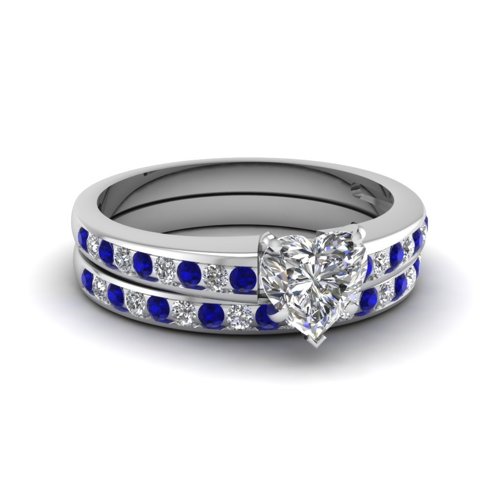 Heart Channel Diamond Wedding Set With Sapphire In 950 Platinum