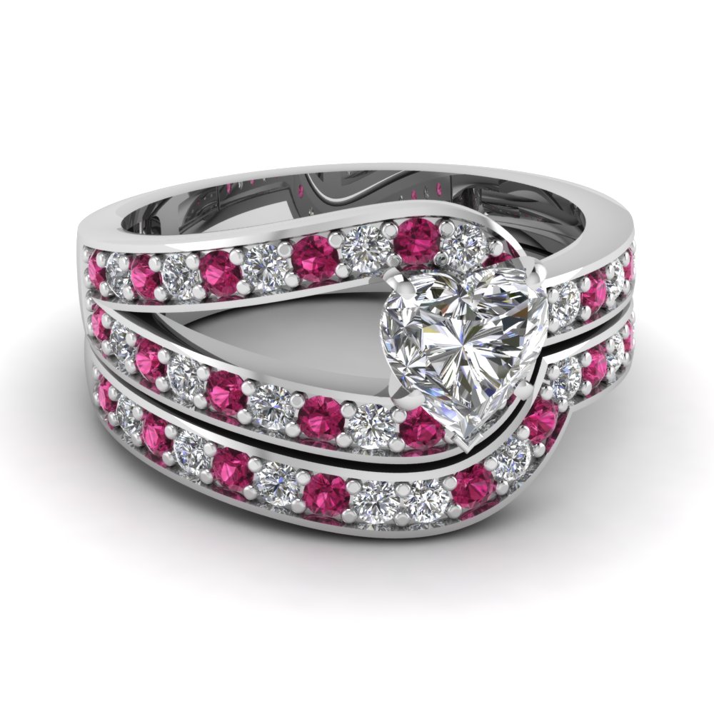 Heart Shaped Loop Pave Diamond Wedding Ring Set With Pink