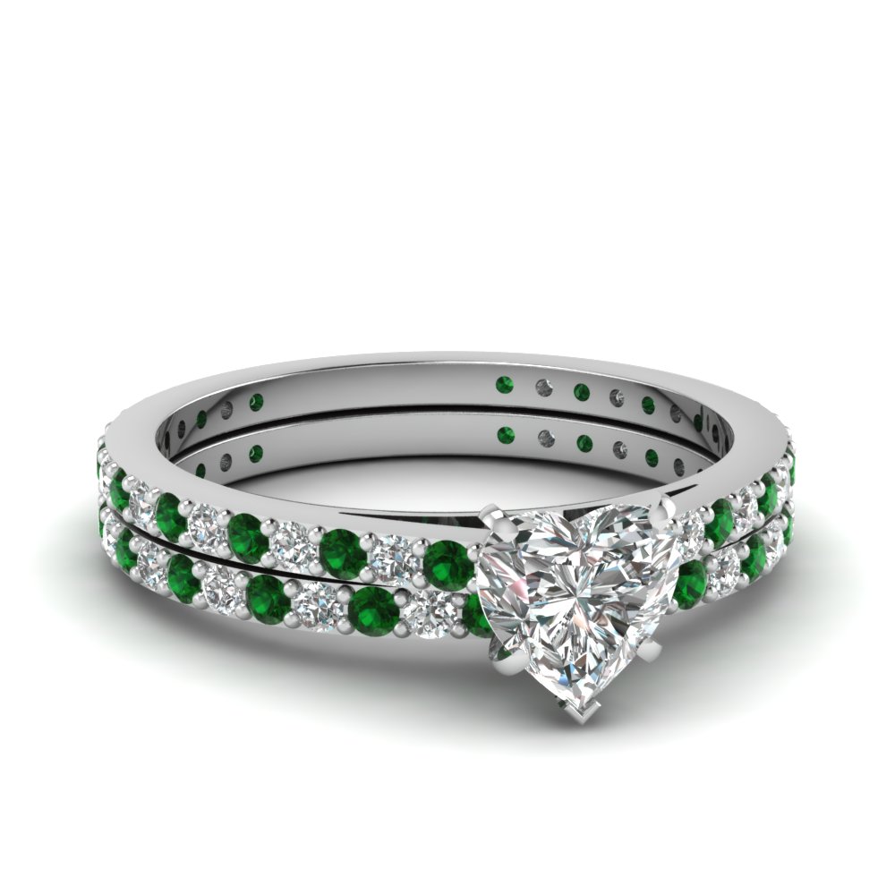 heart shaped diamond wedding ring set with green emerald in 14K white gold FDENS1425HTGEMGR NL WG