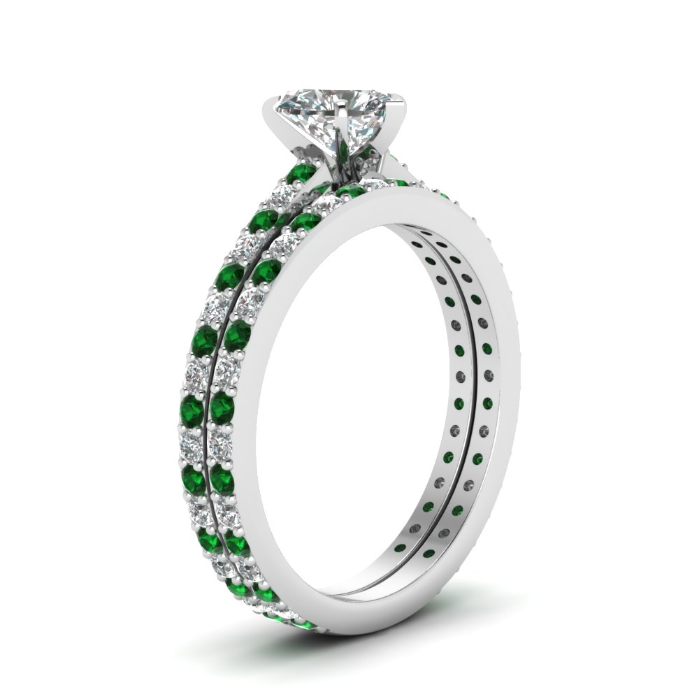 Heart Shaped Classic Delicate Diamond Wedding Set with Green Emerald 14K White Gold