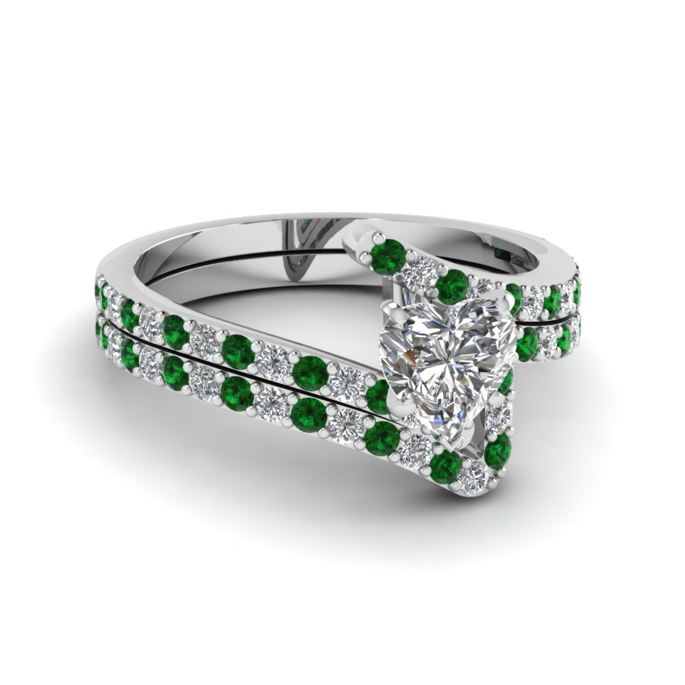 Bypass Heart Shaped Diamond Bridal Ring Set With Emerald In 14K White ...