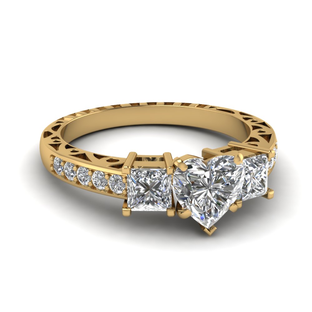 Heart Shaped Vintage 3 Stone Diamond Engagement Ring In 18K Yellow Gold ...