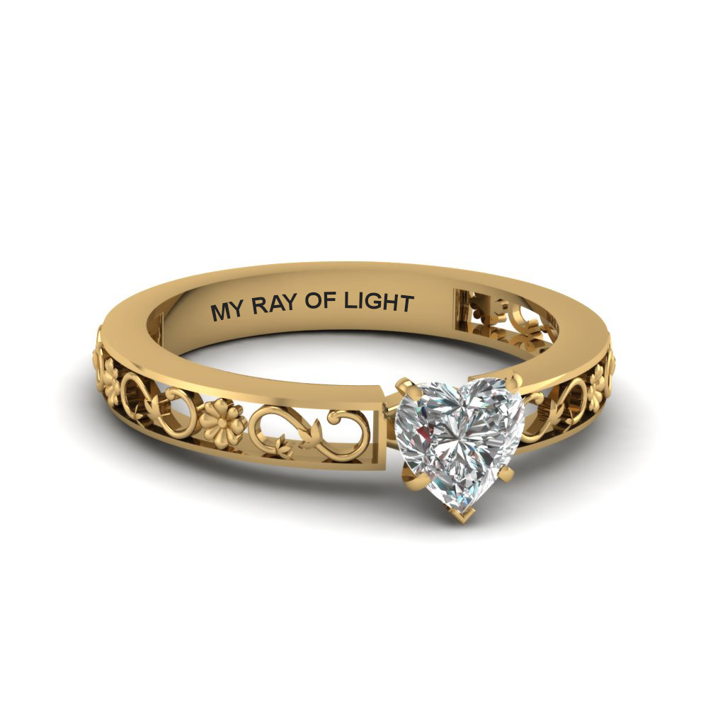 Heart Shaped Engraved Solitaire Diamond Engagement Ring In 14K Yellow ...