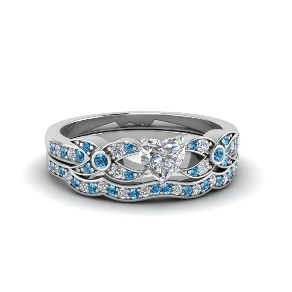 heart shaped diamond wedding ring sets with ice blue topaz in 14k white gold - Blue Topaz Wedding Rings heart shaped diamond wedding ring sets with ice blue topaz in 14k white gold - Blue Topaz Wedding Rings