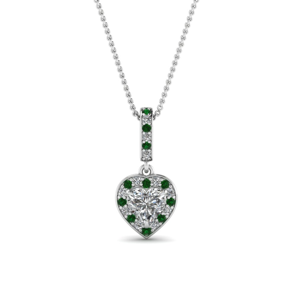 pave heart halo drop diamond pendant with emerald in FDPD85656HTGEMGR NL WG