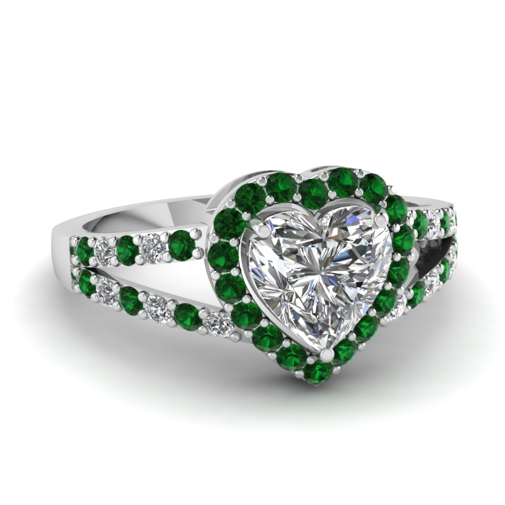 Split Heart Halo Ring With Emerald
