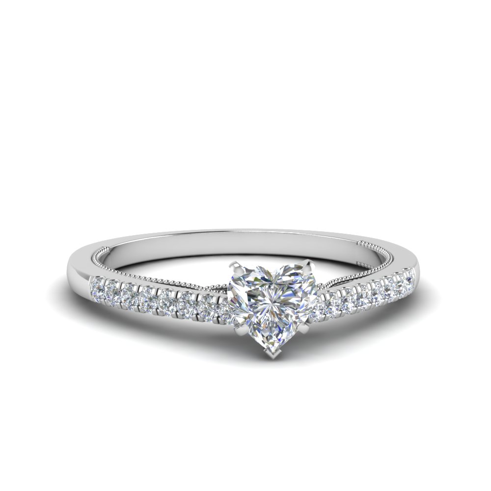 Heart Shaped High Set Milgrain Diamond Engagement Ring In 14K White ...