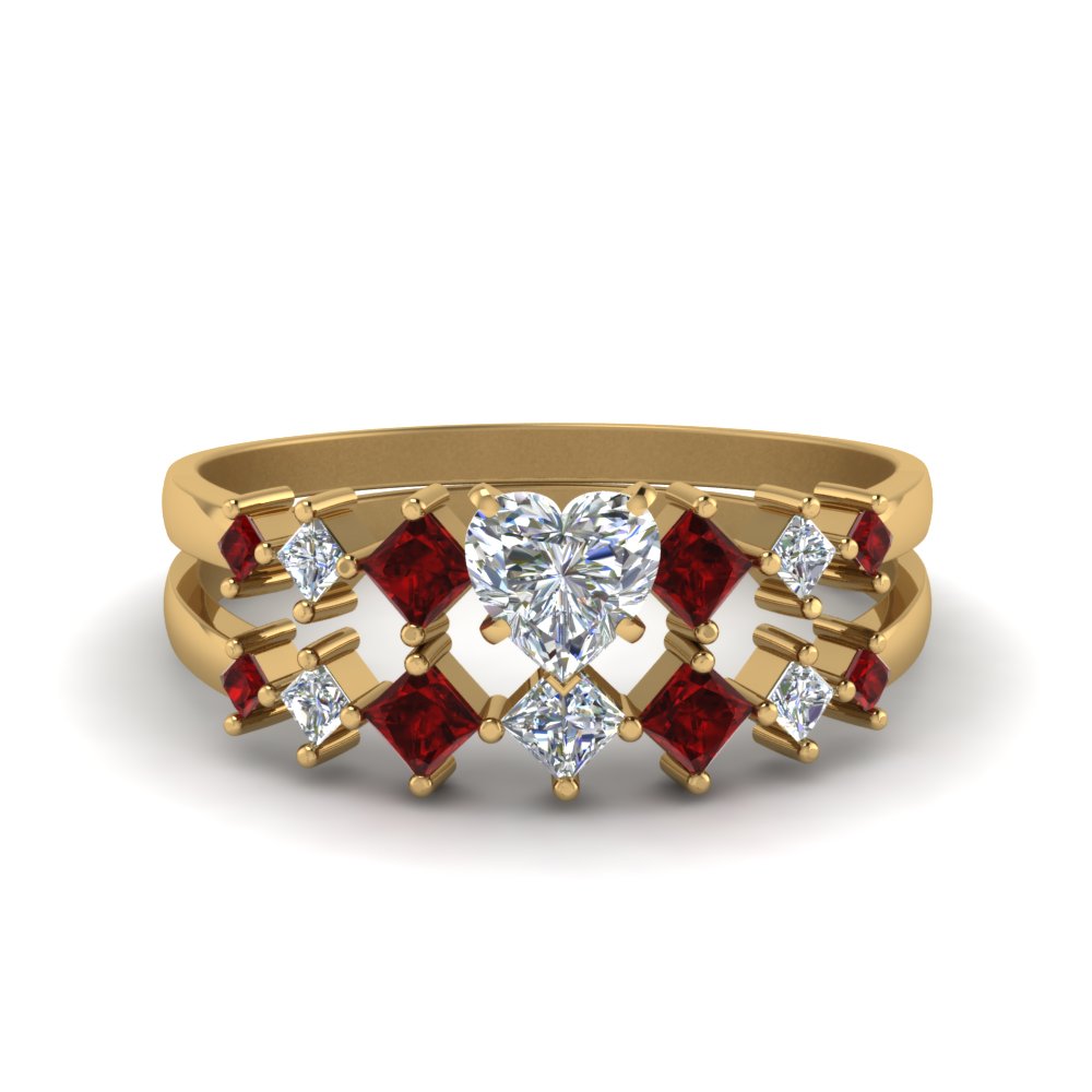 heart shaped kite set diamond bridal set with ruby in 18K yellow gold FDENS3126HTGRUDR NL YG