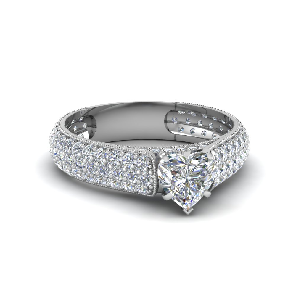 heart shaped milgrain multi row pave diamond engagement ring in 14K white gold FDENS1452HTR NL WG