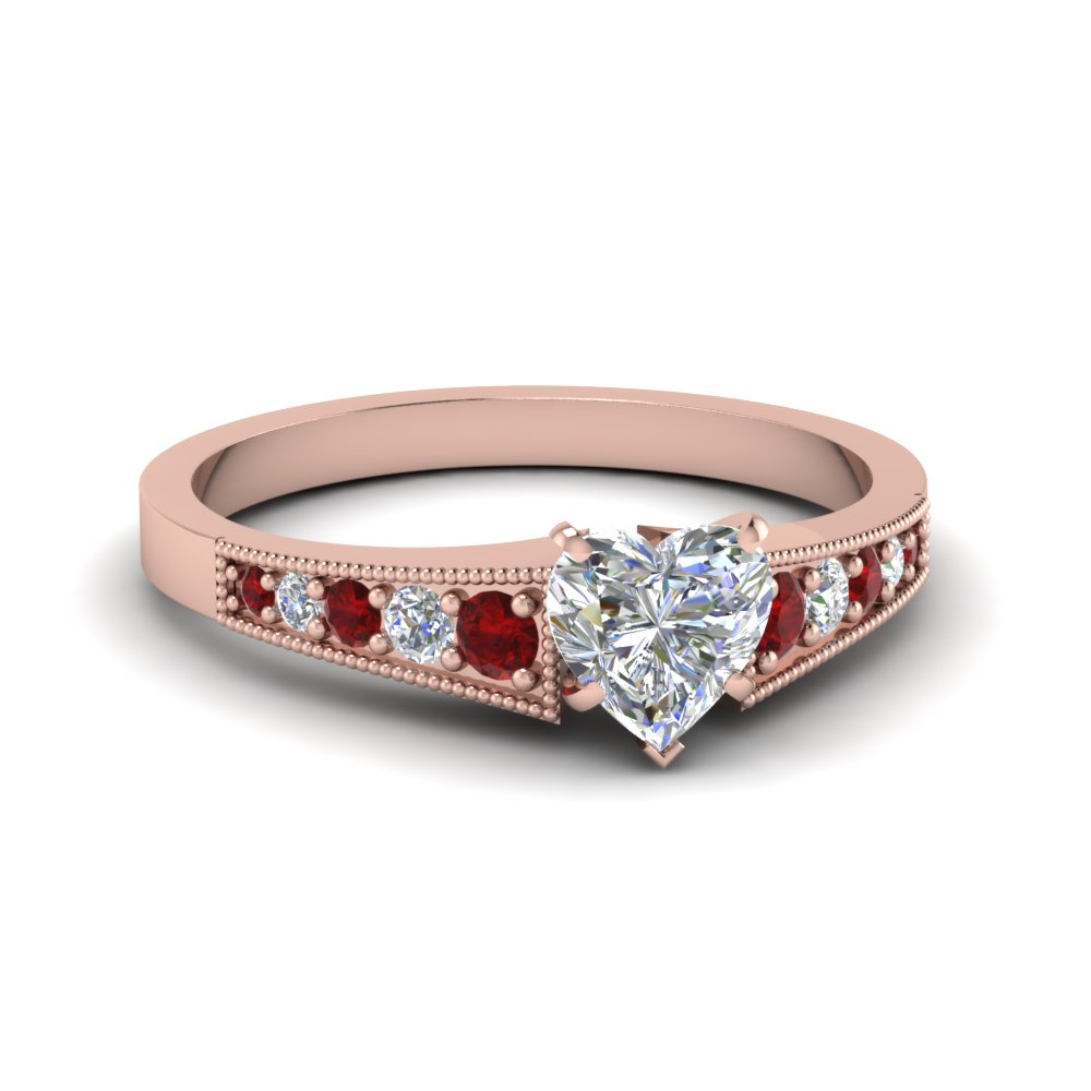 Emerald Cut Graduated Pave Accent Diamond Ring With Ruby In 18K Yellow ...