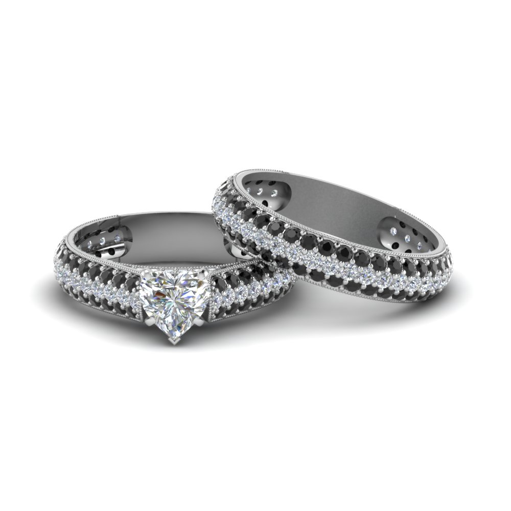 multi row diamond bridal set for women heart shaped diamond wedding ring sets with black diamond in 18k white gold - Womens Black Wedding Ring Sets multi row diamond bridal set for women heart shaped diamond wedding ring sets with black diamond in 18k white gold - Womens Black Wedding Ring Sets