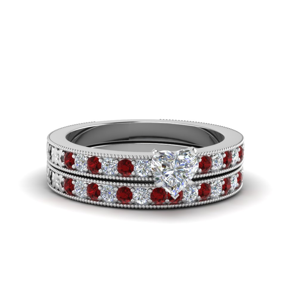 heart shaped pave diamond milgrain bridal set with ruby in FDENS3516HTGRUDR NL WG