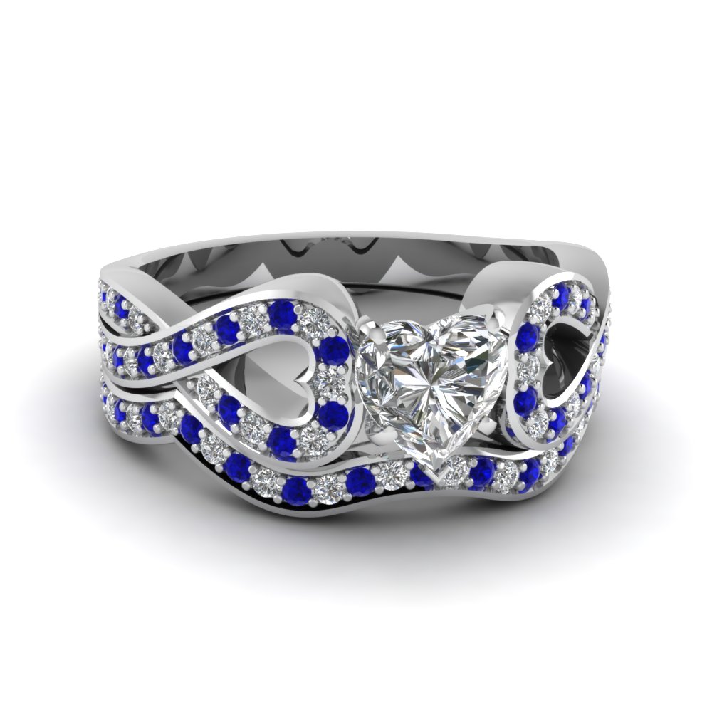 Entwined Heart Shaped Diamond Wedding Ring Set With Sapphire In 14K ...