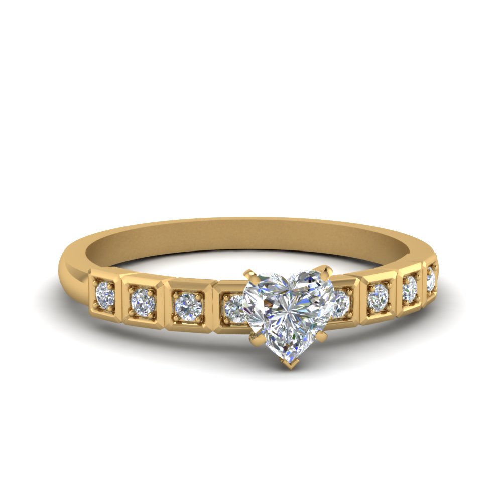 Petite Block Design Heart Shaped Diamond Engagement Ring In 14K Yellow ...