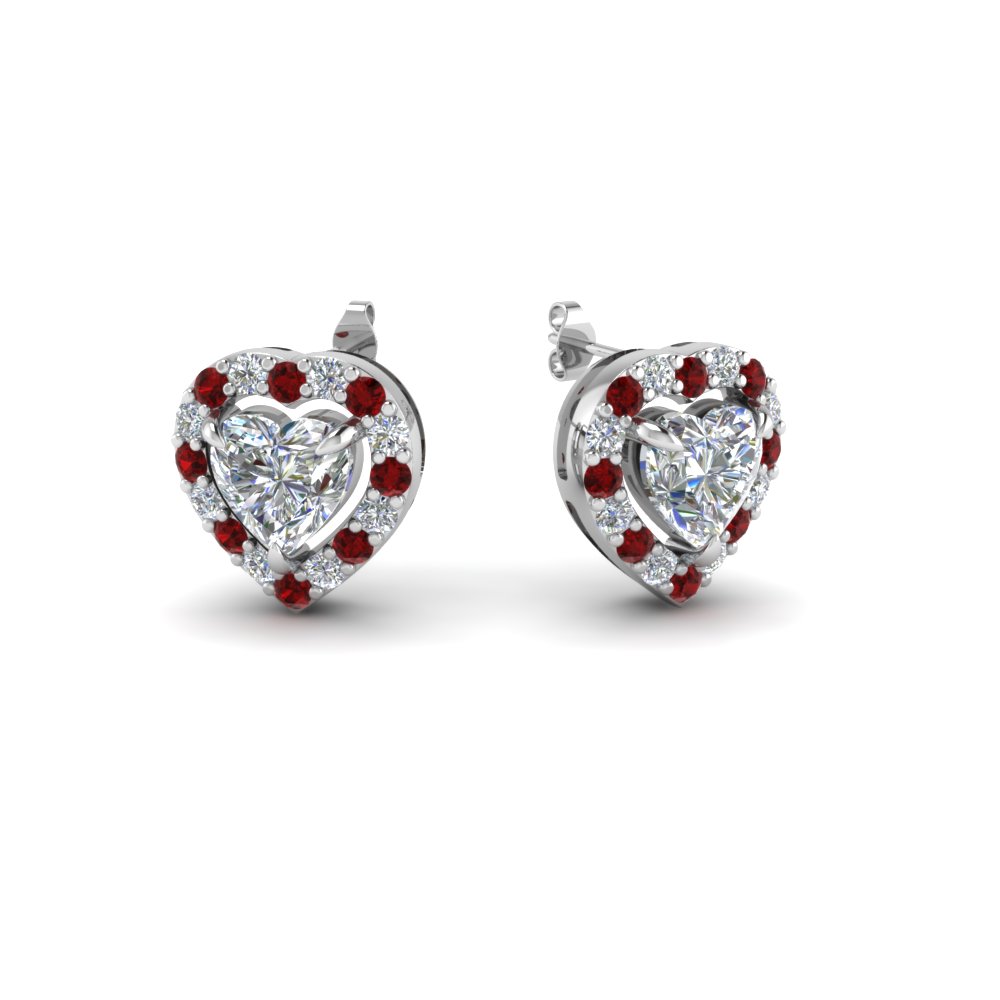 Heart Shaped Diamond Stud Earrings With Ruby In 14K White Gold ...